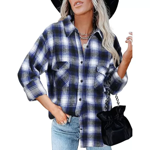 BTFBM Women Shacket Jacket Long Sleeve Button Down Casual Plaid Flannel Shirts Loose Fall Spring Blouses TopsPlaid Dark Blue