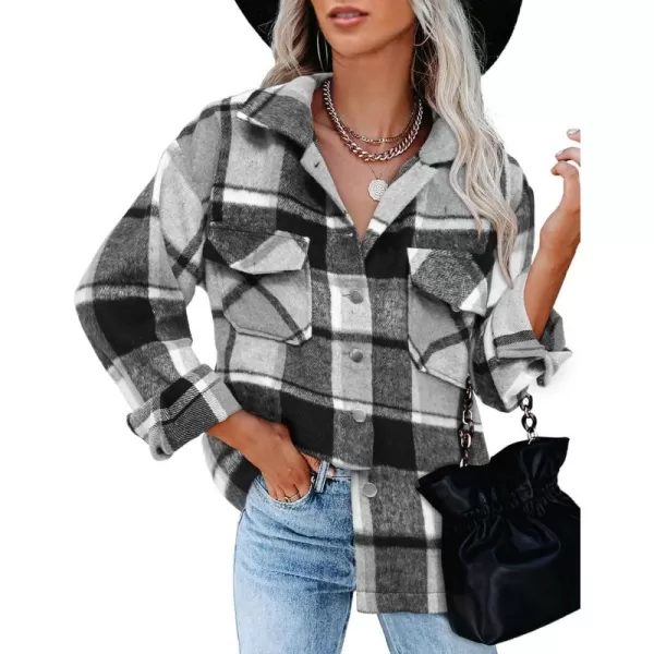 BTFBM Women Shacket Jacket Long Sleeve Button Down Casual Plaid Flannel Shirts Loose Fall Spring Blouses TopsPlaid Print Black White