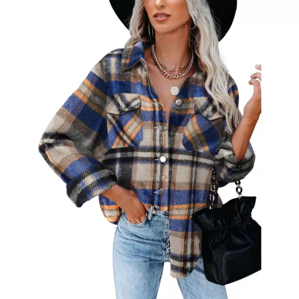 BTFBM Women Shacket Jacket Long Sleeve Button Down Casual Plaid Flannel Shirts Loose Fall Spring Blouses TopsPlaid Print Bright Blue