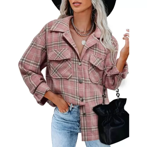 BTFBM Women Shacket Jacket Long Sleeve Button Down Casual Plaid Flannel Shirts Loose Fall Spring Blouses TopsPlaid Print Dark Pink