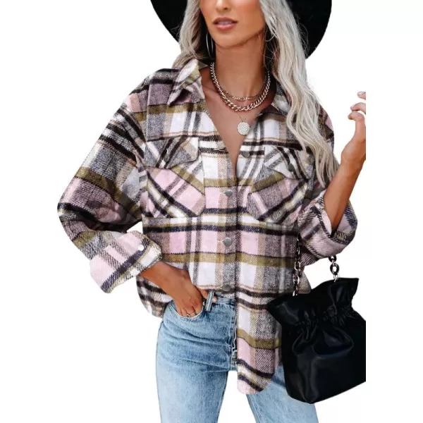 BTFBM Women Shacket Jacket Long Sleeve Button Down Casual Plaid Flannel Shirts Loose Fall Spring Blouses TopsPlaid Print Pink