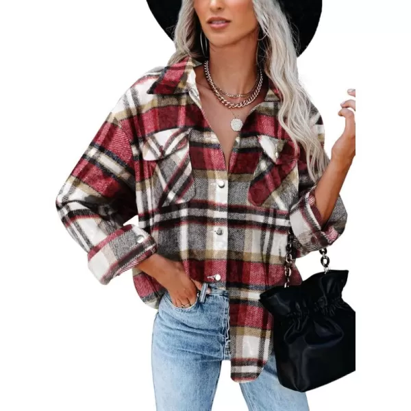 BTFBM Women Shacket Jacket Long Sleeve Button Down Casual Plaid Flannel Shirts Loose Fall Spring Blouses TopsPlaid Print Red