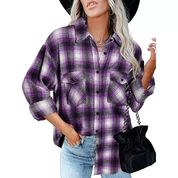 BTFBM Women Shacket Jacket Long Sleeve Button Down Casual Plaid Flannel Shirts Loose Fall Spring Blouses TopsPlaid Purple
