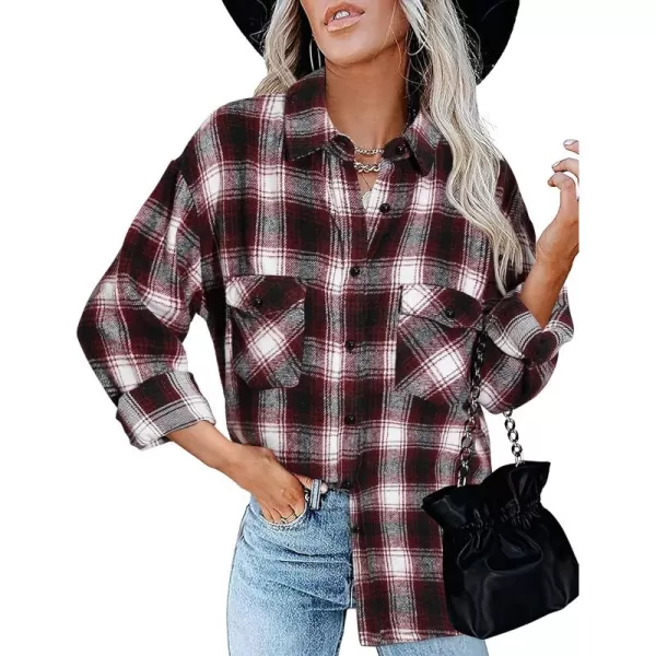 BTFBM Women Shacket Jacket Long Sleeve Button Down Casual Plaid Flannel Shirts Loose Fall Spring Blouses TopsPlaid Wine Red