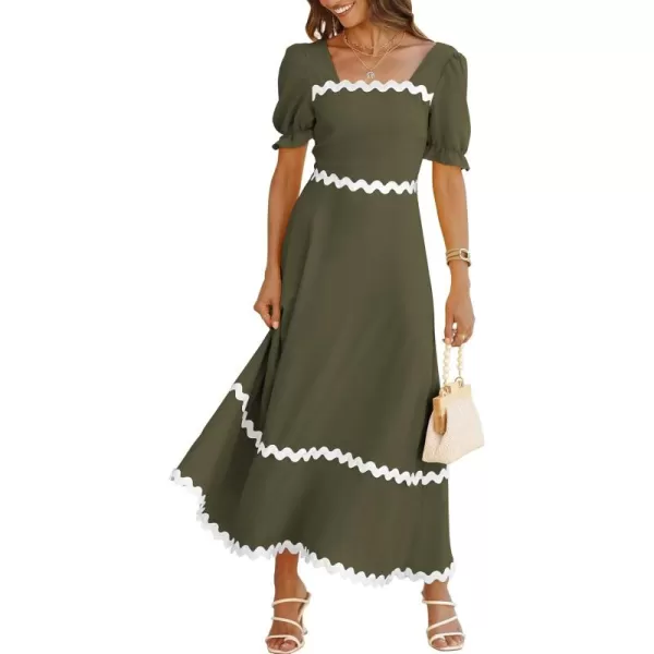 BTFBM Womens 2024 Summer Square Neck Short Puff Sleeve Dress Casual RIC Rac Tie Back Smocked A Line Flowy Maxi DressesSolid Army Green