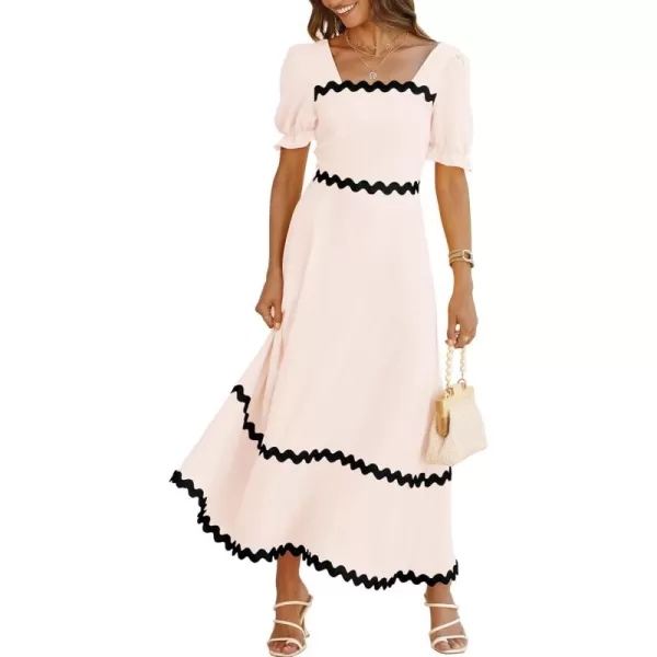 BTFBM Womens 2024 Summer Square Neck Short Puff Sleeve Dress Casual RIC Rac Tie Back Smocked A Line Flowy Maxi DressesSolid Beige
