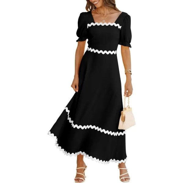 BTFBM Womens 2024 Summer Square Neck Short Puff Sleeve Dress Casual RIC Rac Tie Back Smocked A Line Flowy Maxi DressesSolid Black