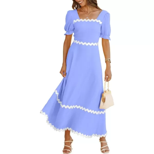 BTFBM Womens 2024 Summer Square Neck Short Puff Sleeve Dress Casual RIC Rac Tie Back Smocked A Line Flowy Maxi DressesSolid Blue