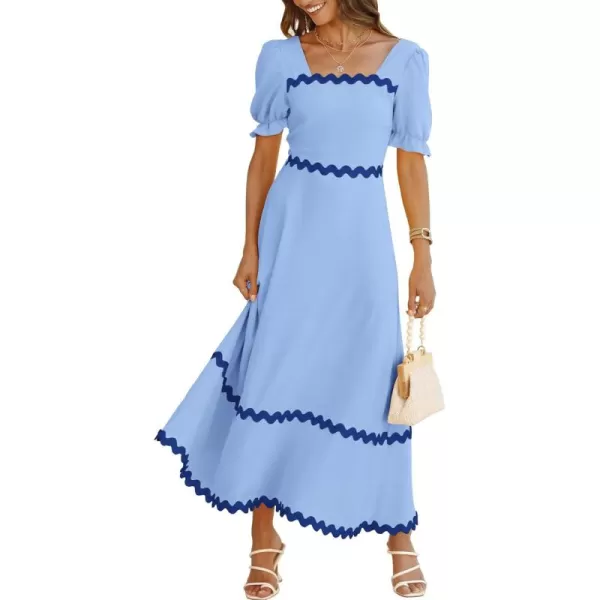 BTFBM Womens 2024 Summer Square Neck Short Puff Sleeve Dress Casual RIC Rac Tie Back Smocked A Line Flowy Maxi DressesSolid Blue Dark Blue