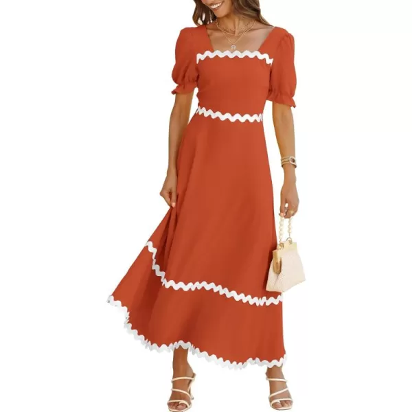 BTFBM Womens 2024 Summer Square Neck Short Puff Sleeve Dress Casual RIC Rac Tie Back Smocked A Line Flowy Maxi DressesSolid Brick Red