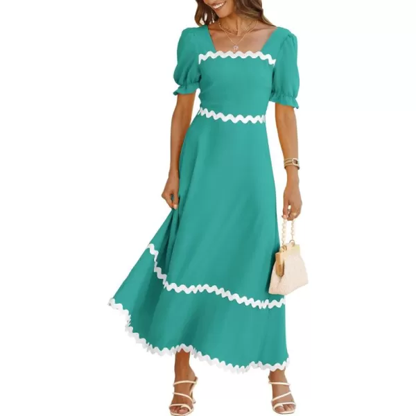 BTFBM Womens 2024 Summer Square Neck Short Puff Sleeve Dress Casual RIC Rac Tie Back Smocked A Line Flowy Maxi DressesSolid Lake Blue