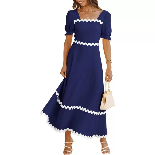 BTFBM Womens 2024 Summer Square Neck Short Puff Sleeve Dress Casual RIC Rac Tie Back Smocked A Line Flowy Maxi DressesSolid Navy