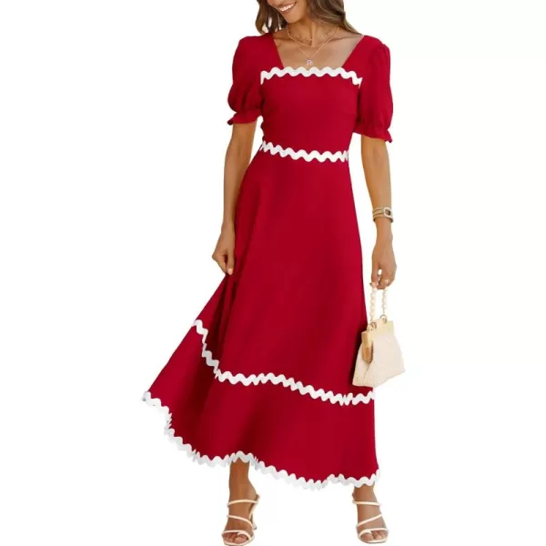 BTFBM Womens 2024 Summer Square Neck Short Puff Sleeve Dress Casual RIC Rac Tie Back Smocked A Line Flowy Maxi DressesSolid Red