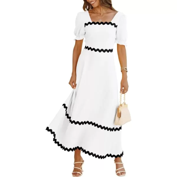 BTFBM Womens 2024 Summer Square Neck Short Puff Sleeve Dress Casual RIC Rac Tie Back Smocked A Line Flowy Maxi DressesSolid White Black