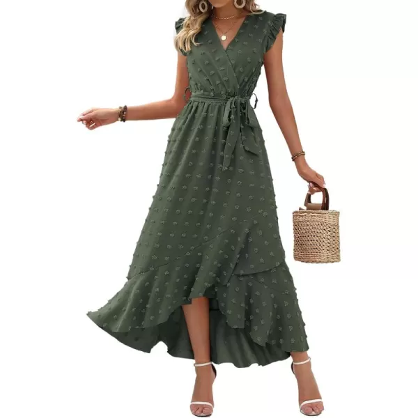 BTFBM Womens 2024 Summer Wrap V Neck Dress Ruffle Sleeve Swiss Dot Boho Ruffle Slit Beach Party Flowy Long Maxi DressesSwiss Dot Army Green