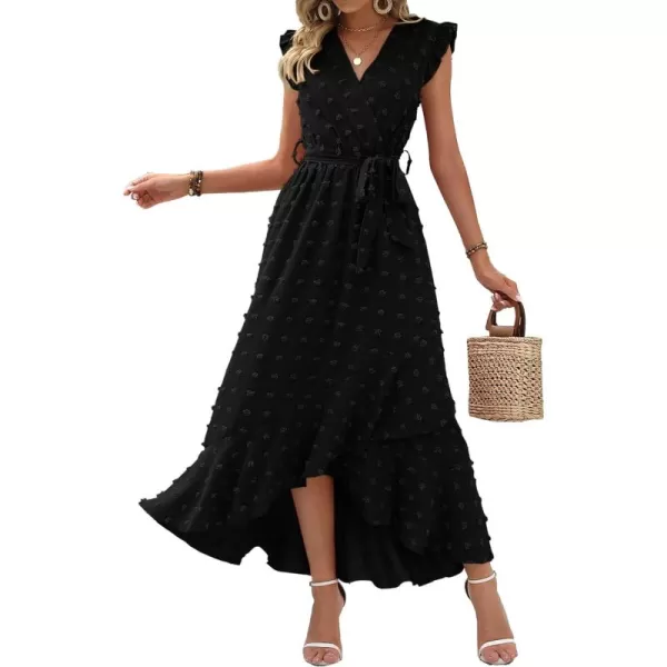 BTFBM Womens 2024 Summer Wrap V Neck Dress Ruffle Sleeve Swiss Dot Boho Ruffle Slit Beach Party Flowy Long Maxi DressesSwiss Dot Black