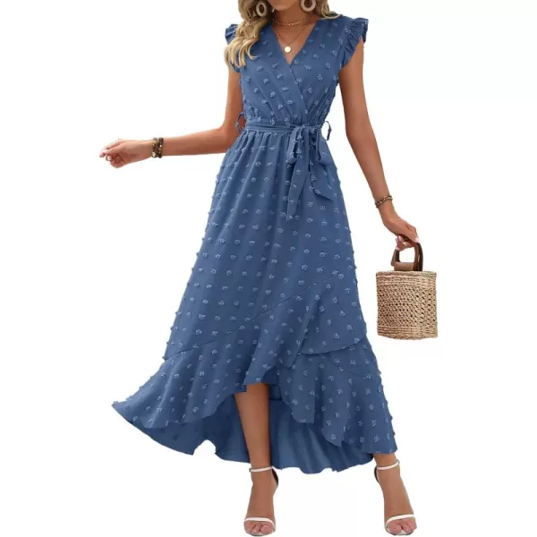 BTFBM Womens 2024 Summer Wrap V Neck Dress Ruffle Sleeve Swiss Dot Boho Ruffle Slit Beach Party Flowy Long Maxi DressesSwiss Dot Blue