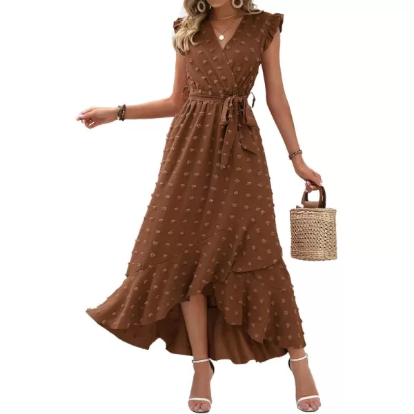 BTFBM Womens 2024 Summer Wrap V Neck Dress Ruffle Sleeve Swiss Dot Boho Ruffle Slit Beach Party Flowy Long Maxi DressesSwiss Dot Brown