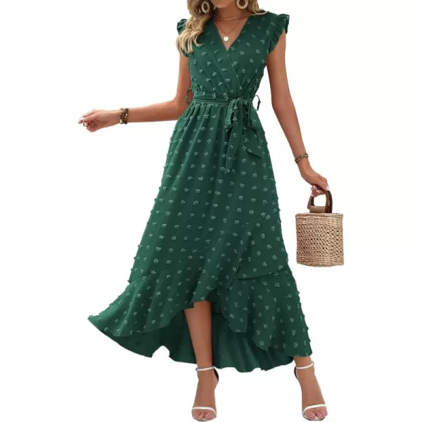 BTFBM Womens 2024 Summer Wrap V Neck Dress Ruffle Sleeve Swiss Dot Boho Ruffle Slit Beach Party Flowy Long Maxi DressesSwiss Dot Dark Green