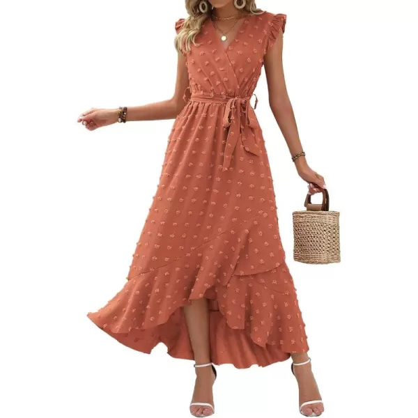 BTFBM Womens 2024 Summer Wrap V Neck Dress Ruffle Sleeve Swiss Dot Boho Ruffle Slit Beach Party Flowy Long Maxi DressesSwiss Dot Orange Red