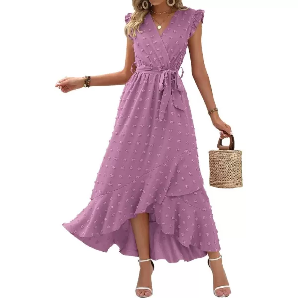 BTFBM Womens 2024 Summer Wrap V Neck Dress Ruffle Sleeve Swiss Dot Boho Ruffle Slit Beach Party Flowy Long Maxi DressesSwiss Dot Purple