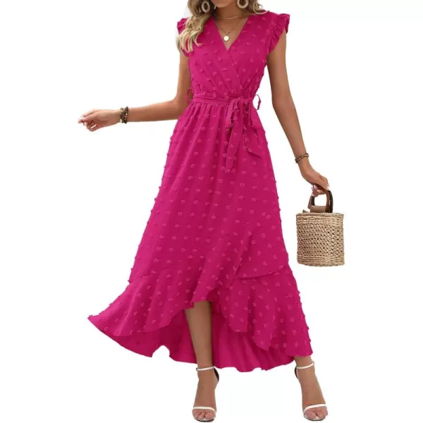 BTFBM Womens 2024 Summer Wrap V Neck Dress Ruffle Sleeve Swiss Dot Boho Ruffle Slit Beach Party Flowy Long Maxi DressesSwiss Dot Rose Red