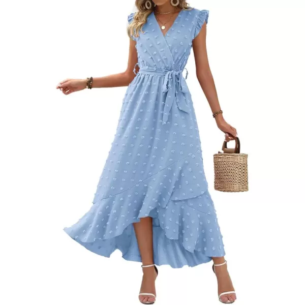 BTFBM Womens 2024 Summer Wrap V Neck Dress Ruffle Sleeve Swiss Dot Boho Ruffle Slit Beach Party Flowy Long Maxi DressesSwiss Dot Sky Blue