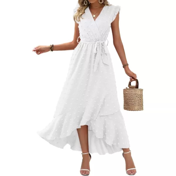 BTFBM Womens 2024 Summer Wrap V Neck Dress Ruffle Sleeve Swiss Dot Boho Ruffle Slit Beach Party Flowy Long Maxi DressesSwiss Dot White