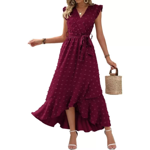 BTFBM Womens 2024 Summer Wrap V Neck Dress Ruffle Sleeve Swiss Dot Boho Ruffle Slit Beach Party Flowy Long Maxi DressesSwiss Dot Wine Red