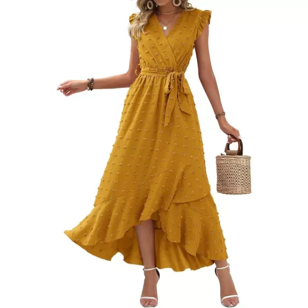 BTFBM Womens 2024 Summer Wrap V Neck Dress Ruffle Sleeve Swiss Dot Boho Ruffle Slit Beach Party Flowy Long Maxi DressesSwiss Dot Yellow