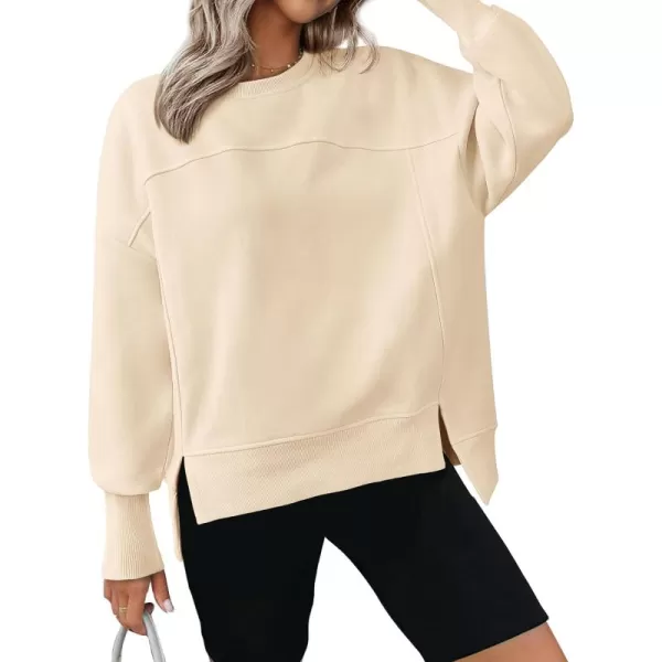 BTFBM Womens Casual Crewneck Sweatshirts 2024 Fall Winter Clothes Long Sleeve Side Slit Workout Soft Pullover TopsBeige