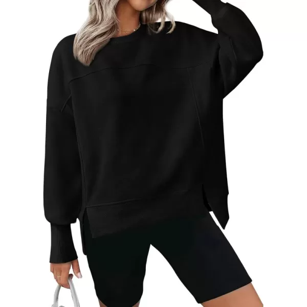 BTFBM Womens Casual Crewneck Sweatshirts 2024 Fall Winter Clothes Long Sleeve Side Slit Workout Soft Pullover TopsBlack