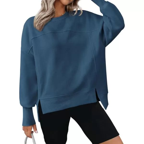BTFBM Womens Casual Crewneck Sweatshirts 2024 Fall Winter Clothes Long Sleeve Side Slit Workout Soft Pullover TopsDark Blue