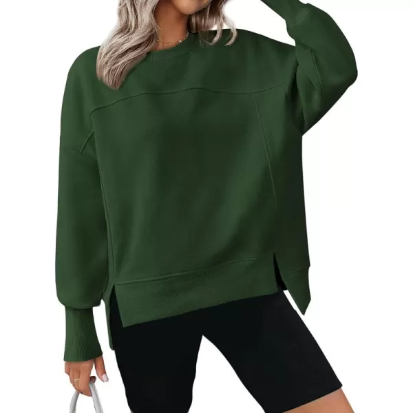 BTFBM Womens Casual Crewneck Sweatshirts 2024 Fall Winter Clothes Long Sleeve Side Slit Workout Soft Pullover TopsDark Green