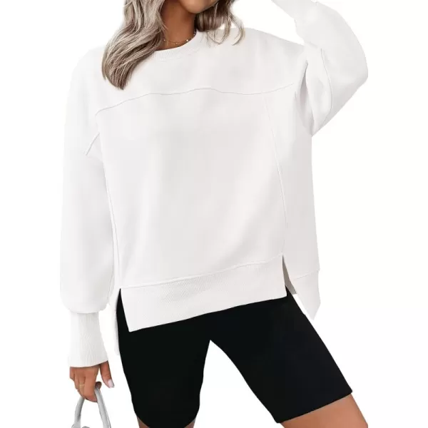 BTFBM Womens Casual Crewneck Sweatshirts 2024 Fall Winter Clothes Long Sleeve Side Slit Workout Soft Pullover TopsWhite