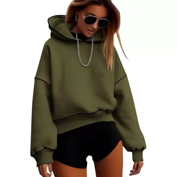 BTFBM Womens Casual Sweatshirt 2024 Fall Winter Clothes Long Sleeve Loose Fit Cropped Y2K Pullover HoodiesSolid Army Green