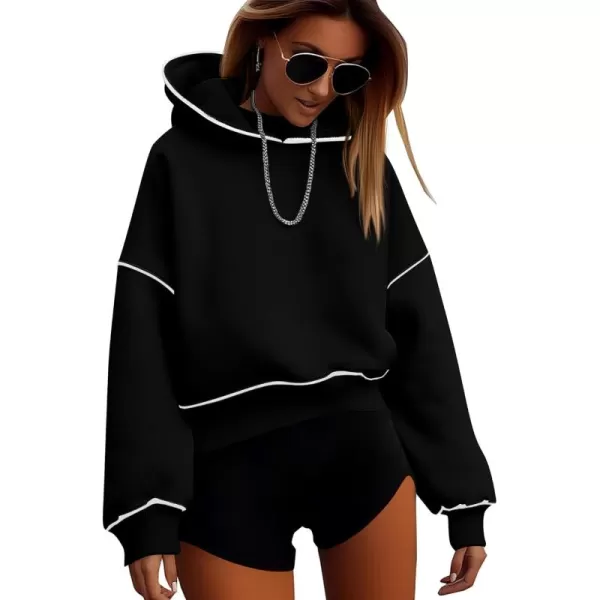 BTFBM Womens Casual Sweatshirt 2024 Fall Winter Clothes Long Sleeve Loose Fit Cropped Y2K Pullover HoodiesSolid Black