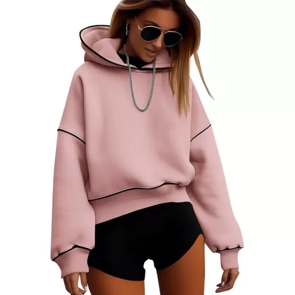 BTFBM Womens Casual Sweatshirt 2024 Fall Winter Clothes Long Sleeve Loose Fit Cropped Y2K Pullover HoodiesSolid Heather Pink