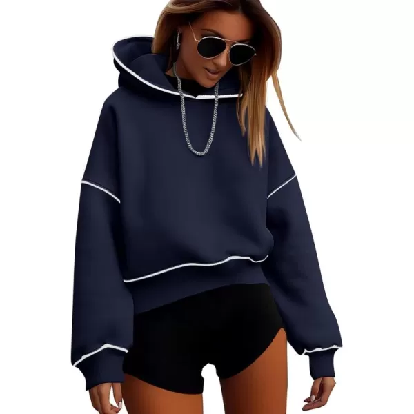 BTFBM Womens Casual Sweatshirt 2024 Fall Winter Clothes Long Sleeve Loose Fit Cropped Y2K Pullover HoodiesSolid Navy