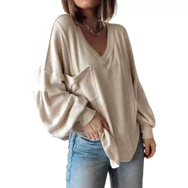 BTFBM Womens Casual V Neck Ribbed Knit Shirts 2024 Fall Pullover Tunic Tops Loose Balloon Long Sleeve Blouses TopSolid Apricot