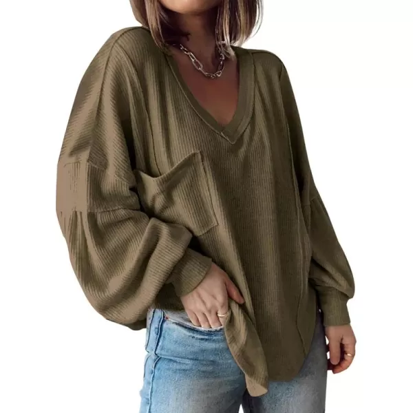 BTFBM Womens Casual V Neck Ribbed Knit Shirts 2024 Fall Pullover Tunic Tops Loose Balloon Long Sleeve Blouses TopSolid Army Green