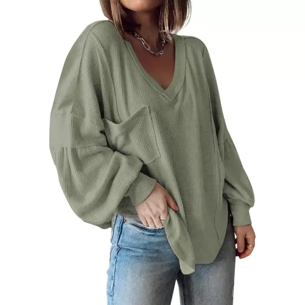 BTFBM Womens Casual V Neck Ribbed Knit Shirts 2024 Fall Pullover Tunic Tops Loose Balloon Long Sleeve Blouses TopSolid Bean Green