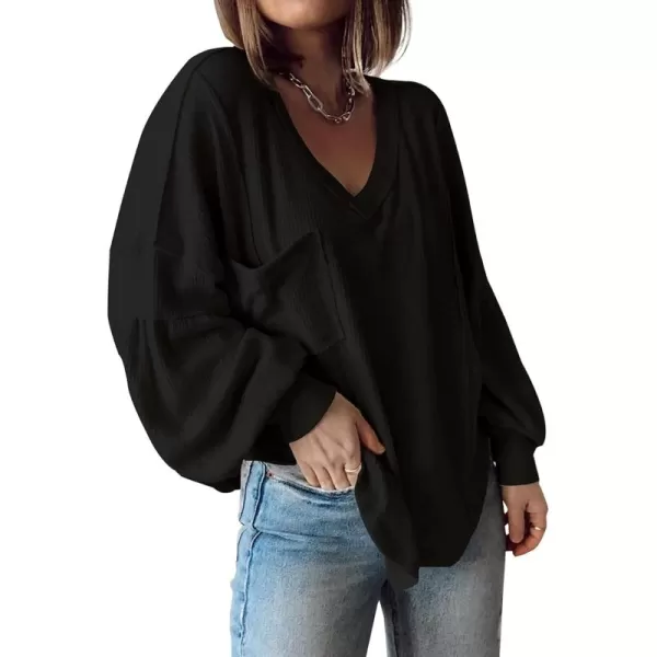 BTFBM Womens Casual V Neck Ribbed Knit Shirts 2024 Fall Pullover Tunic Tops Loose Balloon Long Sleeve Blouses TopSolid Black
