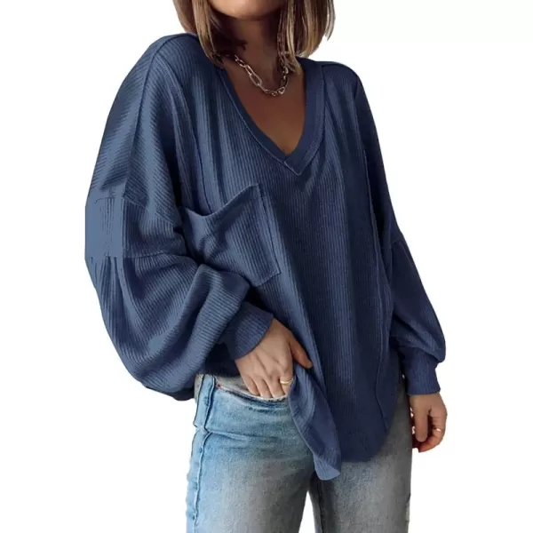 BTFBM Womens Casual V Neck Ribbed Knit Shirts 2024 Fall Pullover Tunic Tops Loose Balloon Long Sleeve Blouses TopSolid Blue
