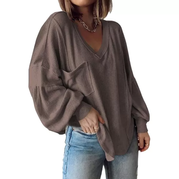 BTFBM Womens Casual V Neck Ribbed Knit Shirts 2024 Fall Pullover Tunic Tops Loose Balloon Long Sleeve Blouses TopSolid Brown