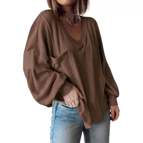 BTFBM Womens Casual V Neck Ribbed Knit Shirts 2024 Fall Pullover Tunic Tops Loose Balloon Long Sleeve Blouses TopSolid Caramel