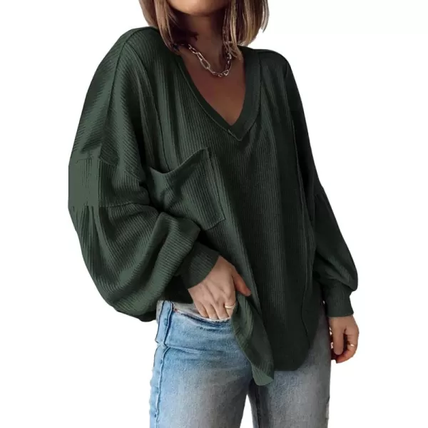 BTFBM Womens Casual V Neck Ribbed Knit Shirts 2024 Fall Pullover Tunic Tops Loose Balloon Long Sleeve Blouses TopSolid Dark Army Green