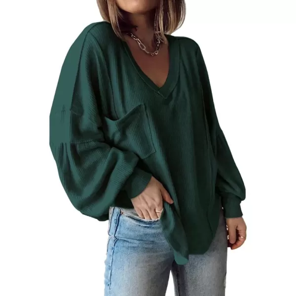 BTFBM Womens Casual V Neck Ribbed Knit Shirts 2024 Fall Pullover Tunic Tops Loose Balloon Long Sleeve Blouses TopSolid Dark Green
