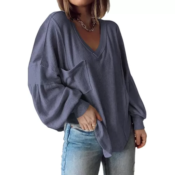 BTFBM Womens Casual V Neck Ribbed Knit Shirts 2024 Fall Pullover Tunic Tops Loose Balloon Long Sleeve Blouses TopSolid Dark Grey Blue