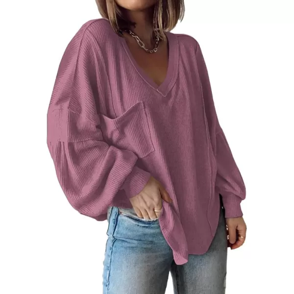 BTFBM Womens Casual V Neck Ribbed Knit Shirts 2024 Fall Pullover Tunic Tops Loose Balloon Long Sleeve Blouses TopSolid Dusty Pink